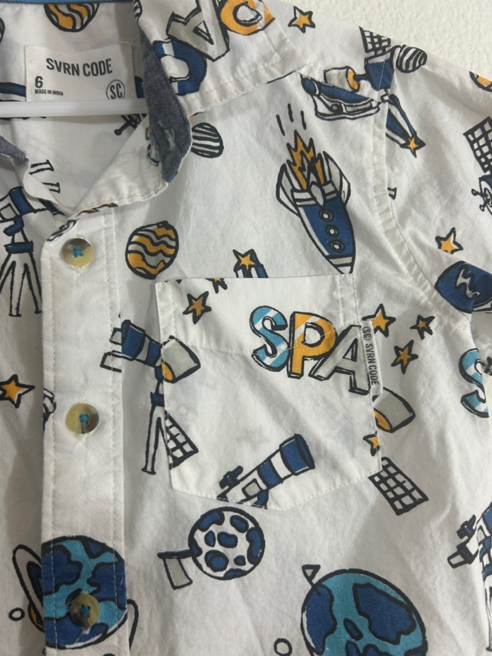 Space Graphic Short-Sleeve Button-Down Shirt - White with Blue & Yellow Print - Picture 3 of 6